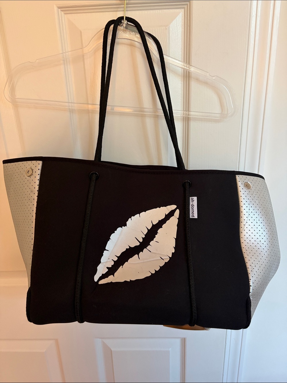 Ah Dorned Women’s Black Tote Bag with Silver Accents and Lip Print